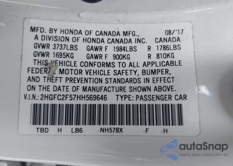 2017 Honda Civic Lx из США, поврежденный, VIN 2HGFC2F57HH569646